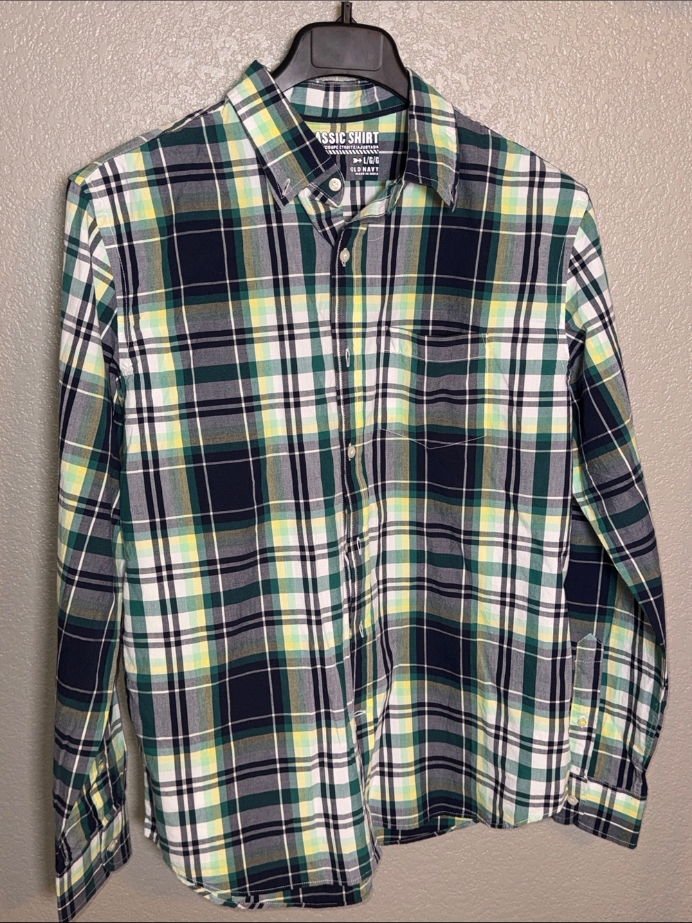 Old Navy Men's Slim Fit Plaid Button-Down Shirt — Navy, Green & White